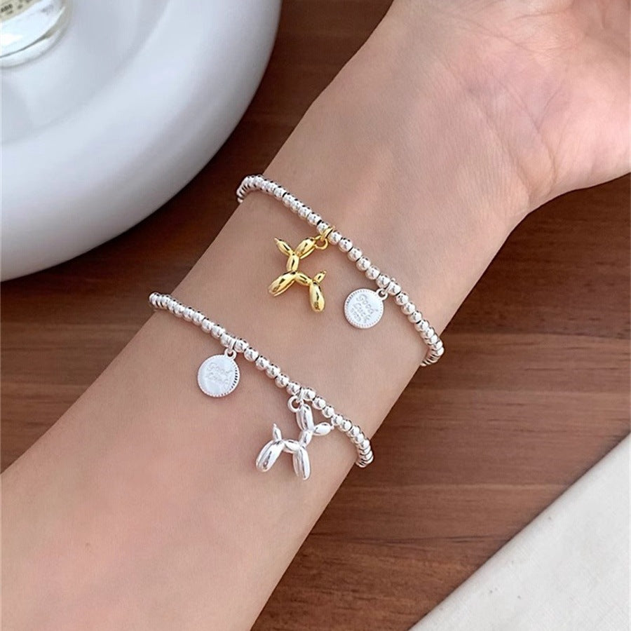 Korean Version of Cute Balloon Dog S925 Sterling Silver Bracelet Women's Gold and Silver Contrasting Color Lucky Round Brand Elastic Bracelet Bracelet Bracelet Jewelry