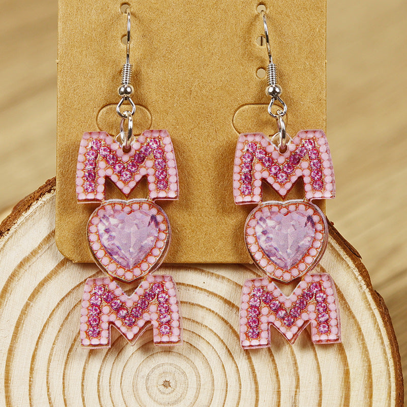 Mother's Day Letter Print MOM Heart-shaped Women's Acrylic Earrings, A Gift for Mom