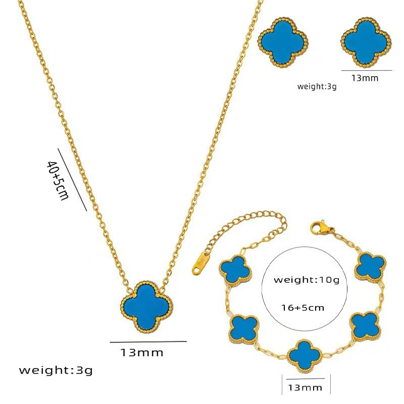 Four-leaf Clover Necklace 13MM Bracelet Stud Earrings Three-piece Set Versatile Lucky Four-leaf Clover Five-flower Bracelet Collarbone Chain Earrings
