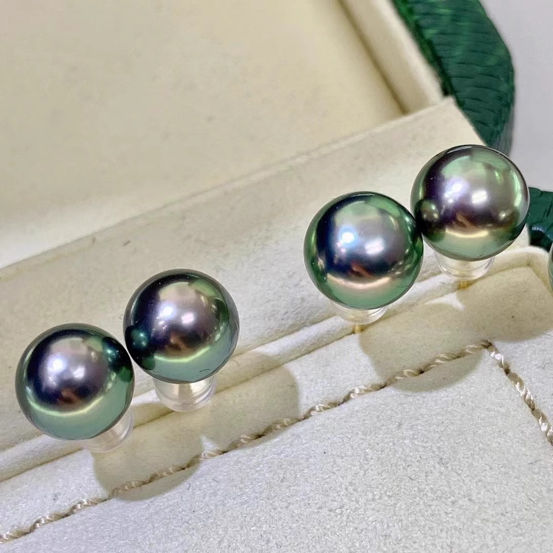 18K White Gold High Quality Tahitian Malachite Green Seawater Pearl Glass Bead Strong Light Perfect Round Earrings Earrings Popular
