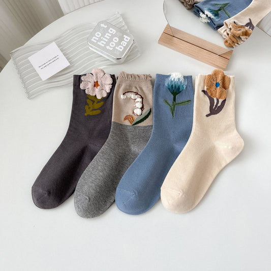 Socks Women's Pure Cotton Spring and Autumn Tube Three-dimensional Flower Cotton Socks Small Flower Japanese Trend Internet Celebrity Casual Women's Socks Wholesale