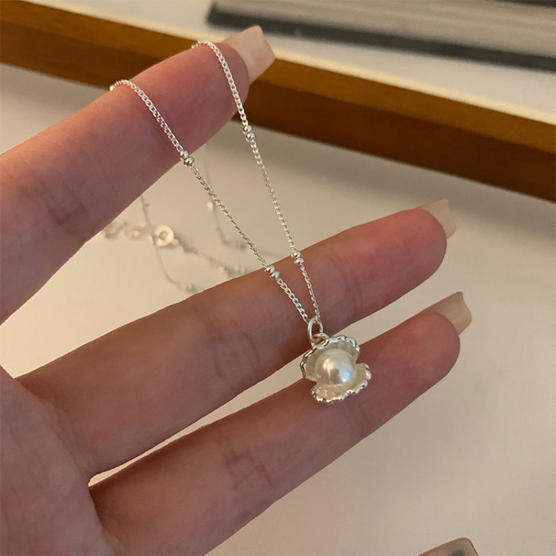 S925 Sterling Silver Shell Pearl Necklace Women's Light Luxury Niche Fashion Exquisite Stacked Neck Chain Temperament Versatile Sweater Chain