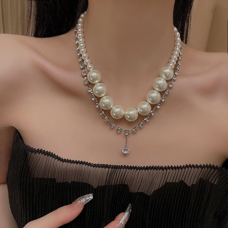 High-end Pearl Double-layer Stacked Necklace Women Can Wear Single Internet Celebrity Design Clavicle Chain Cold Wind Retro Necklace
