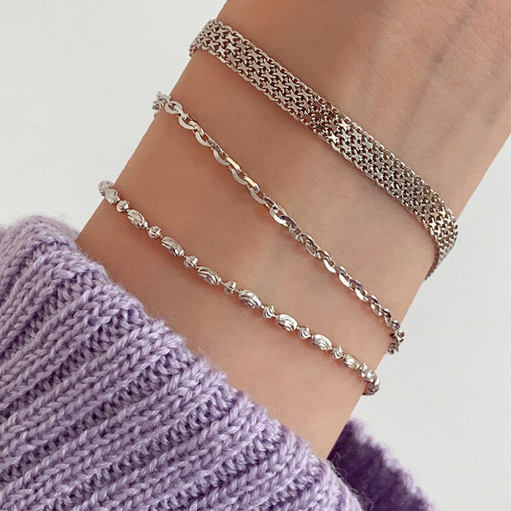 Korean Version S925 Silver Fashion Rice Grain Bracelet Women's High-end Retro Stacked Cross Chain Wide Edge Versatile Bracelet Jewelry