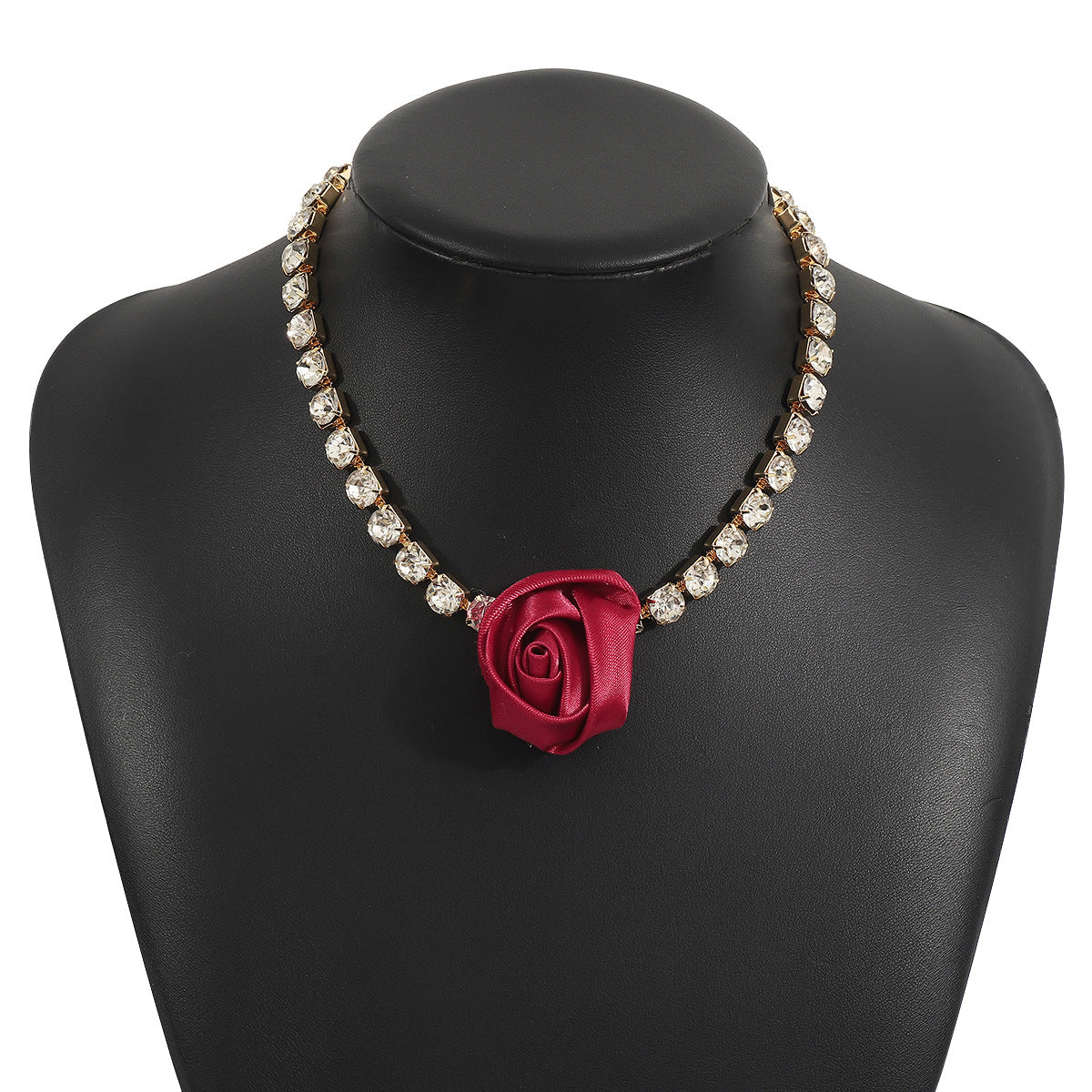 French Retro Fabric Rose Necklace, Romantic Light Luxury Diamond Flower Design Collarbone Chain