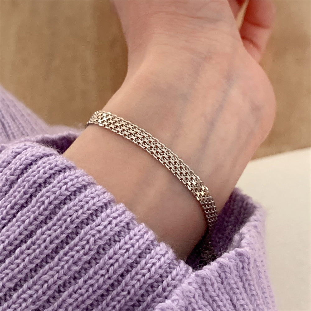 Korean Version S925 Silver Fashion Rice Grain Bracelet Women's High-end Retro Stacked Cross Chain Wide Edge Versatile Bracelet Jewelry