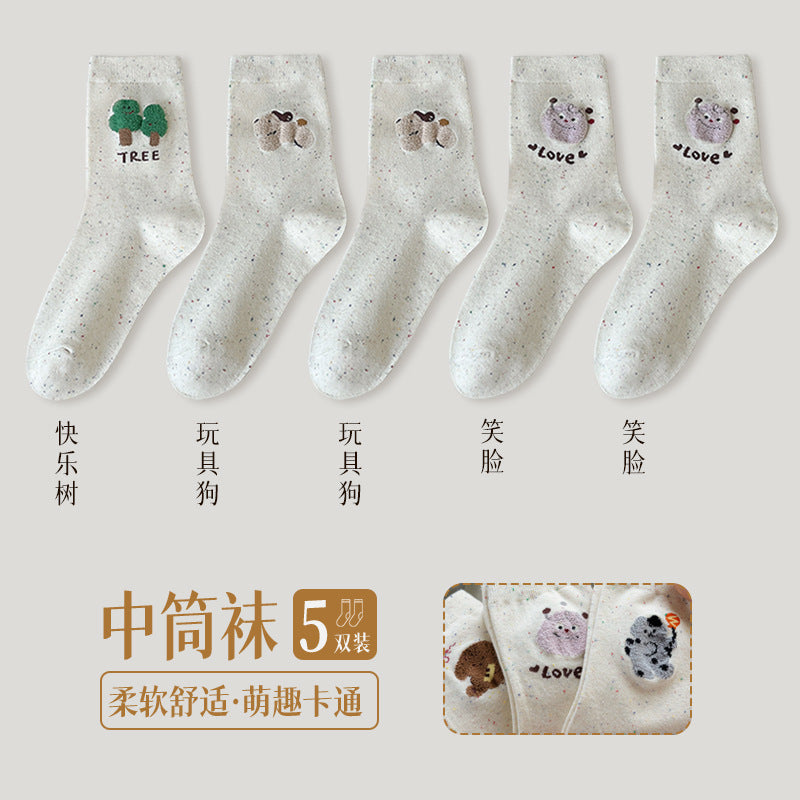 Socks Women's Idea Yarn Cute Cartoon Women's Medium Tube Socks Graffiti White Spring and Autumn Versatile Boneless Confinement Socks