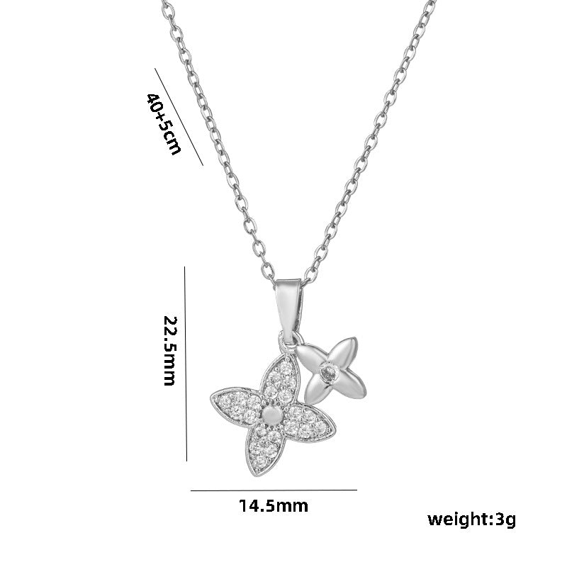 Niche Design, New Double Four-leaf Flower Necklace, Female High-end Feeling, Sweet, Trendy and Cool, Non-fading Collarbone Chain