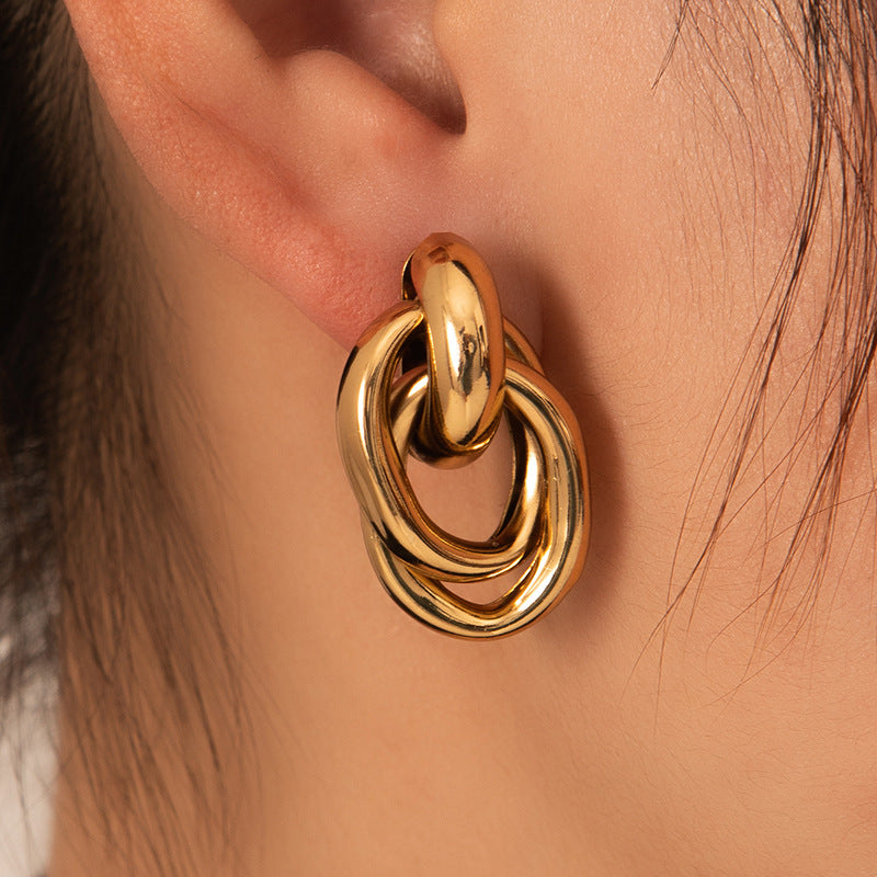 Exaggerated Titanium Steel Round Earrings Gold 18K Gold Light Luxury Earrings Fashion High Sense Love Earrings