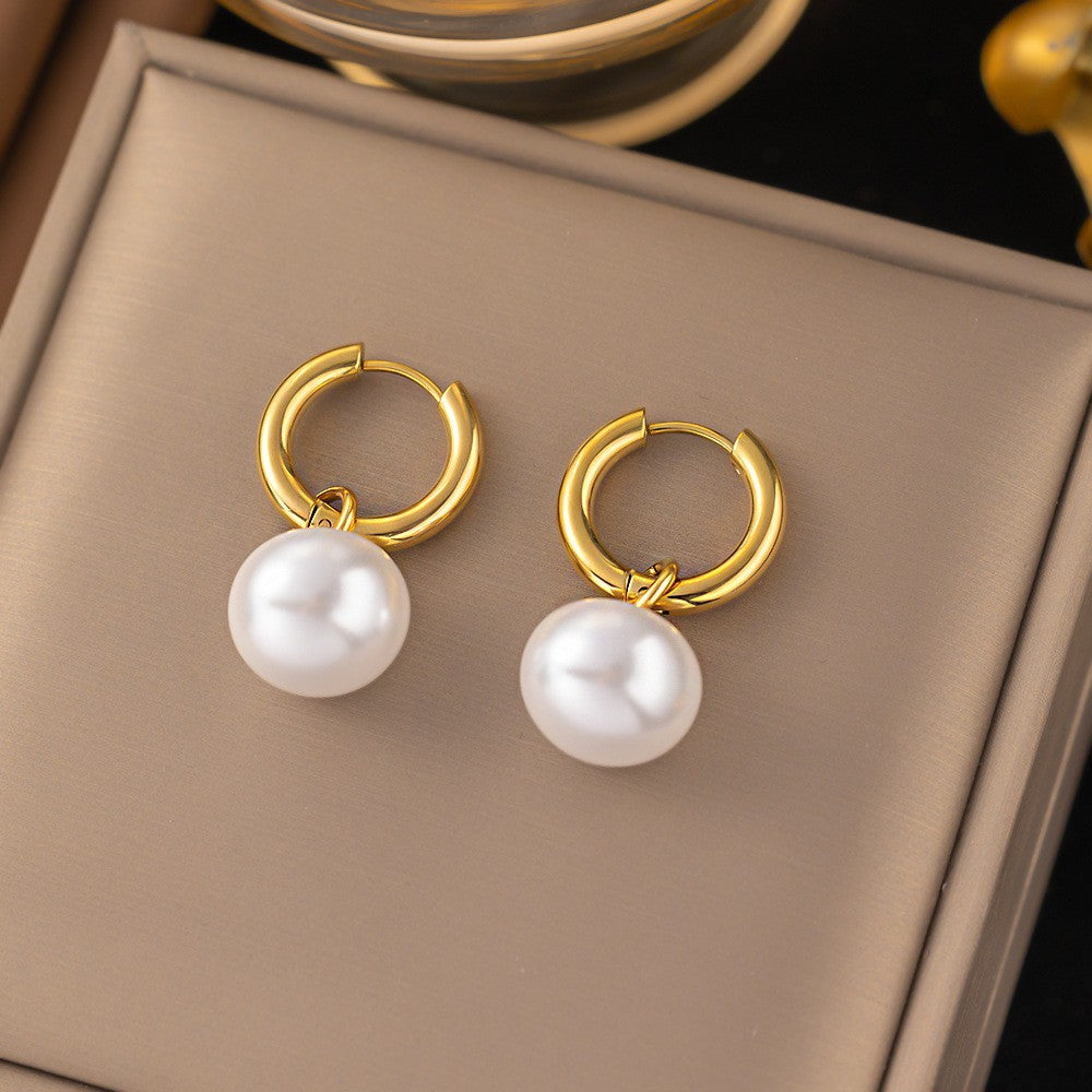 European and American Retro Fashion Versatile Titanium Steel Geometric Pearl Earrings