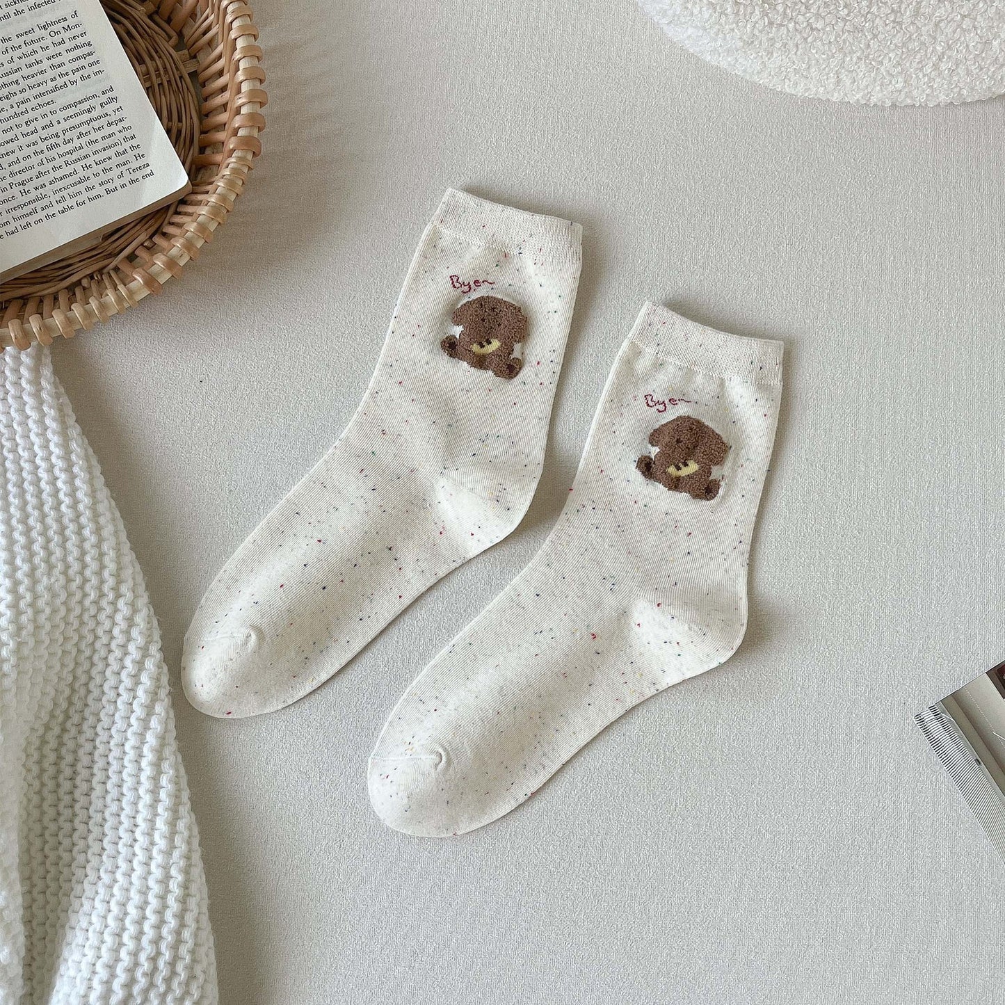 Socks Women's Idea Yarn Cute Cartoon Women's Medium Tube Socks Graffiti White Spring and Autumn Versatile Boneless Confinement Socks