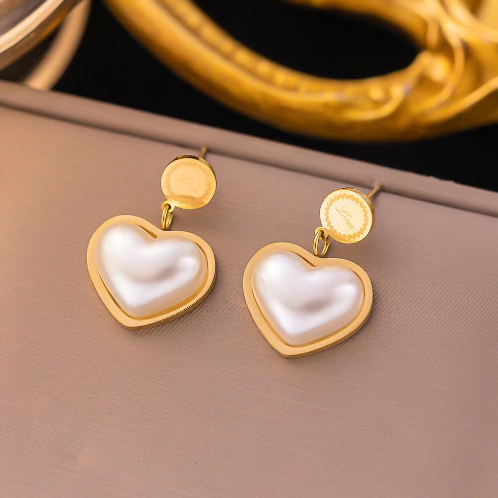 European and American Retro Fashion Versatile Titanium Steel Geometric Pearl Earrings