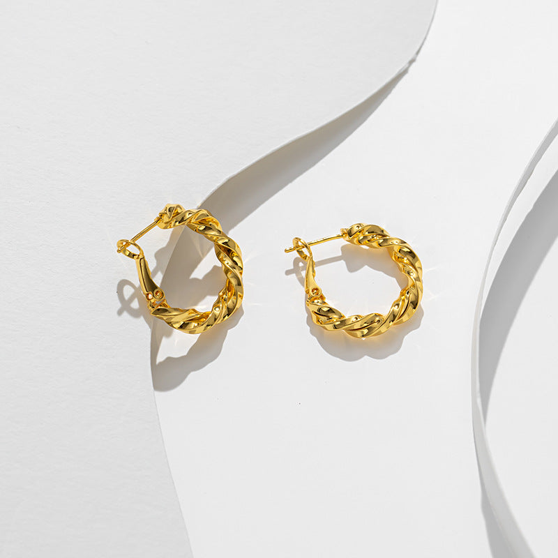 French style, elegant and small, exquisite and simple, versatile twist knot, titanium steel gold-plated, circle commuter earrings, earrings for women