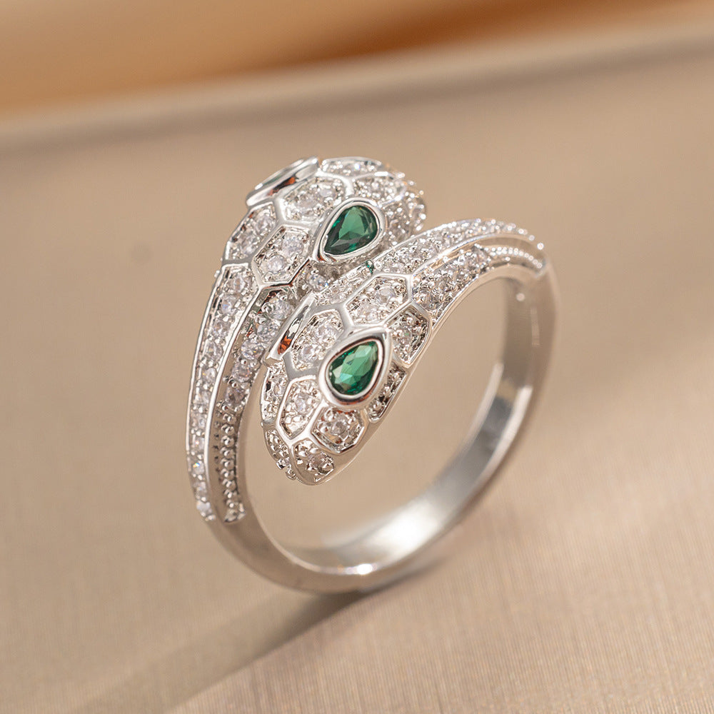 Micro-inlaid Zircon Two-headed Snake Ring, Women's Light Luxury High-end Sense Snake-shaped Personalized Index Finger Ring, Niche Design Sense Ring Tide