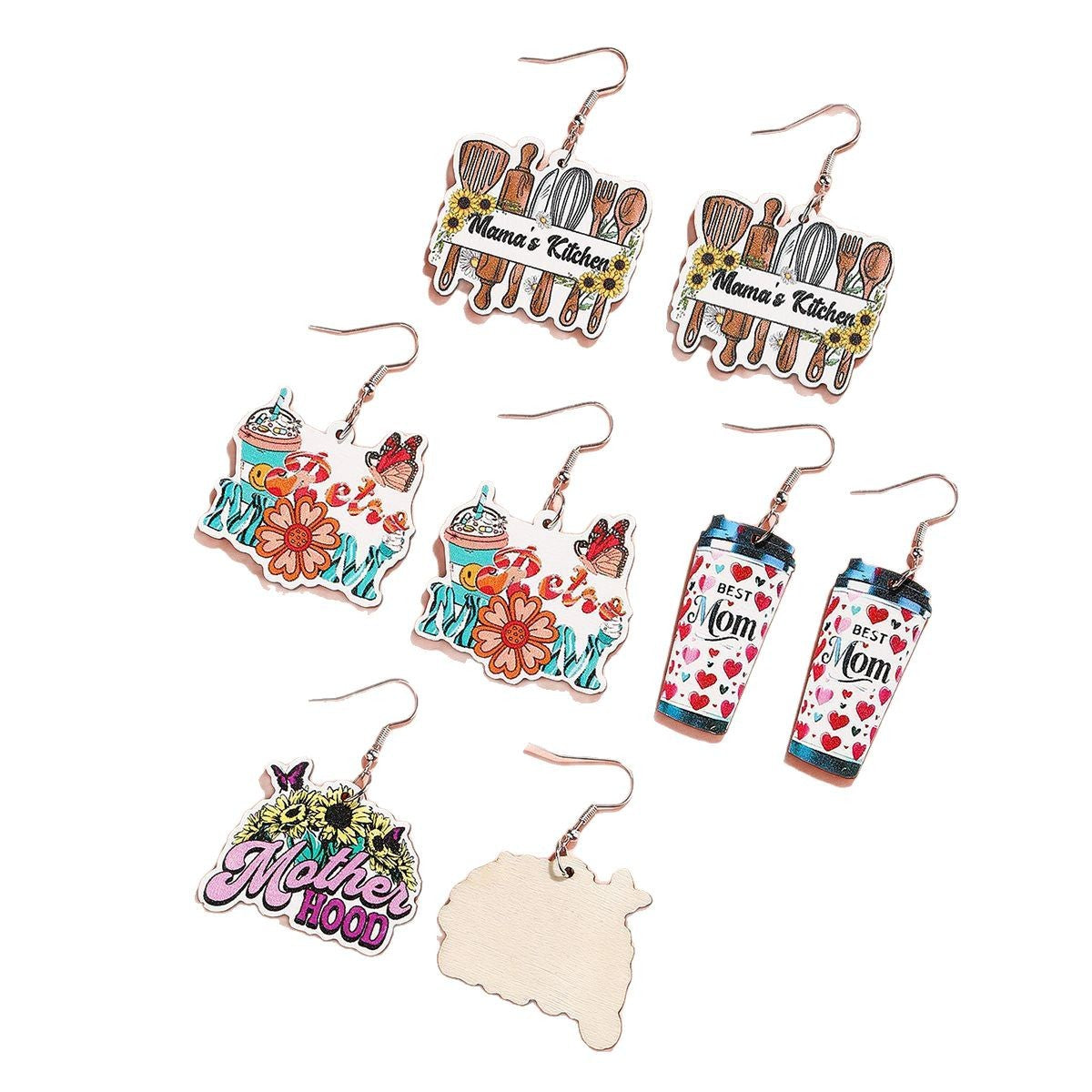 New Mother's Day Wooden Earrings Cartoon MOM Coffee Milk Tea Cup Earrings Flower Mom Kitchen Supplies Earrings