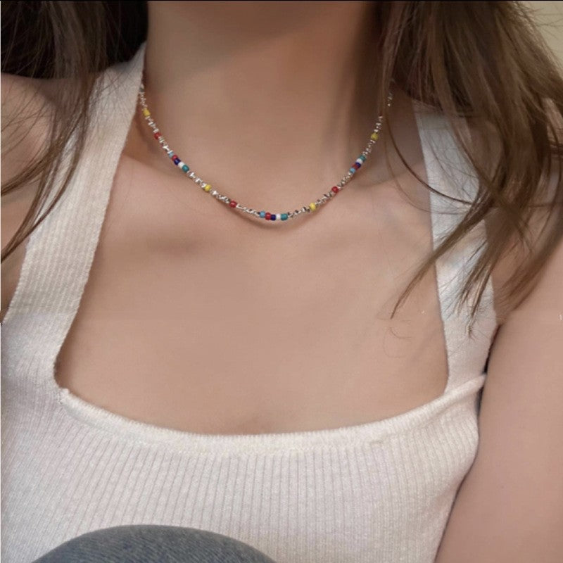 Color Stacked Beaded Broken Silver Necklace Dopamine Wear Neck Chain Light Luxury Niche Design Clavicle Chain