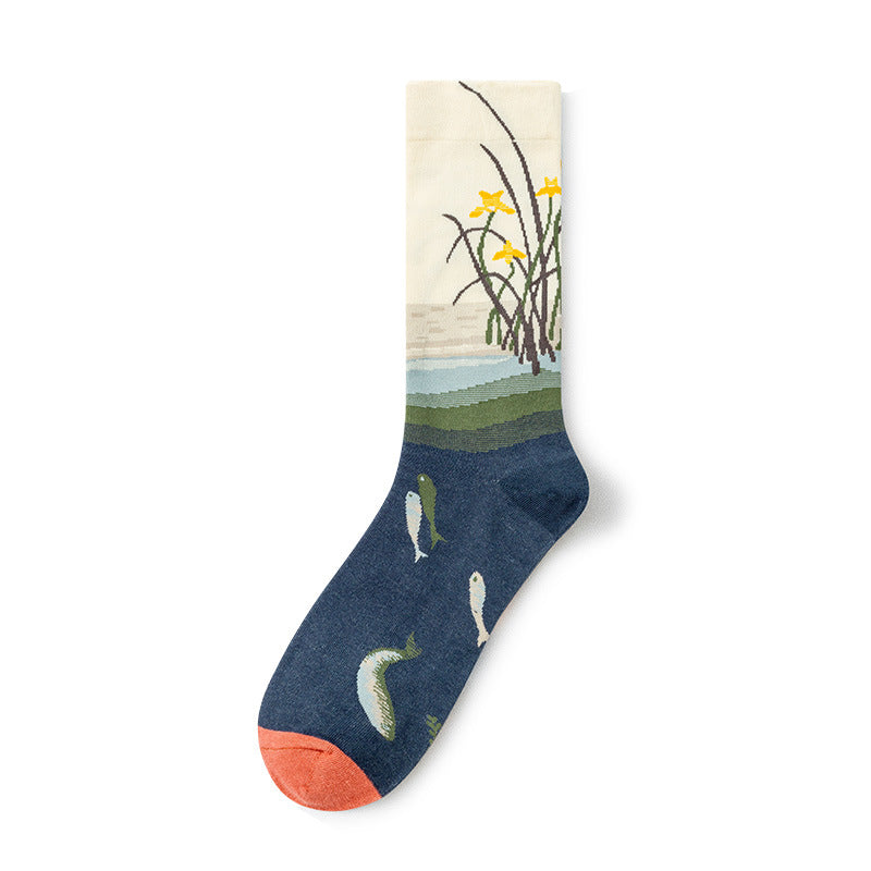 Oil Painting Socks Women's French Retro Ins Tide Autumn and Winter Abstract Tall Tube Creative Combed Cotton Women's Medium Tube Socks