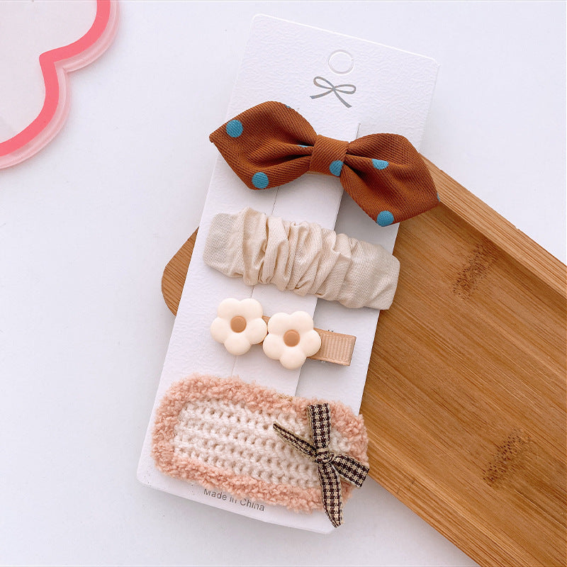 4 Milk Coffee Color Versatile Fabric Children's Break Clip Bow Girl Heart Hairpin Edge Clip Korean Sweet Hairpin