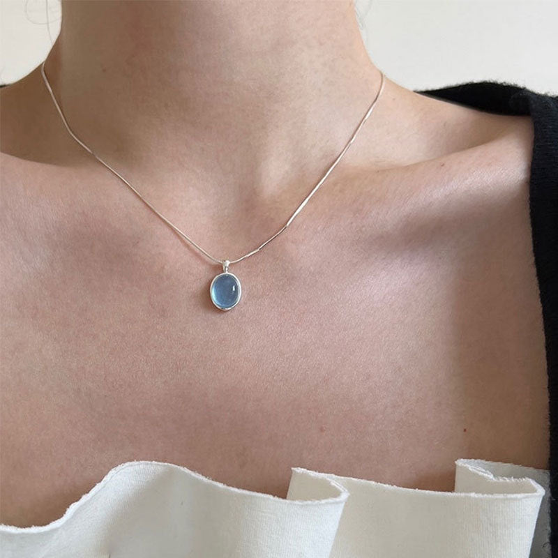 Silver-plated Natural Aquamarine Moonstone Necklace Women's High Sense Ins Wind Niche Versatile Oval Pendant Collarbone Chain