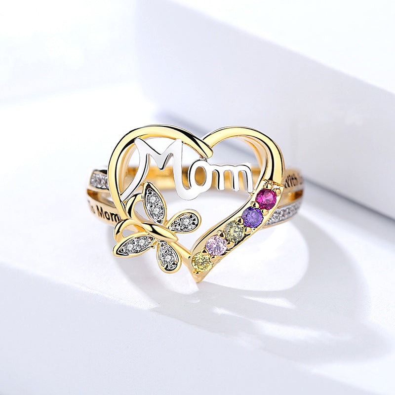 Popular Mother's Day Mom Letter Diamond Ring, Fashion Temperament Butterfly Diamond Ring, Wholesale
