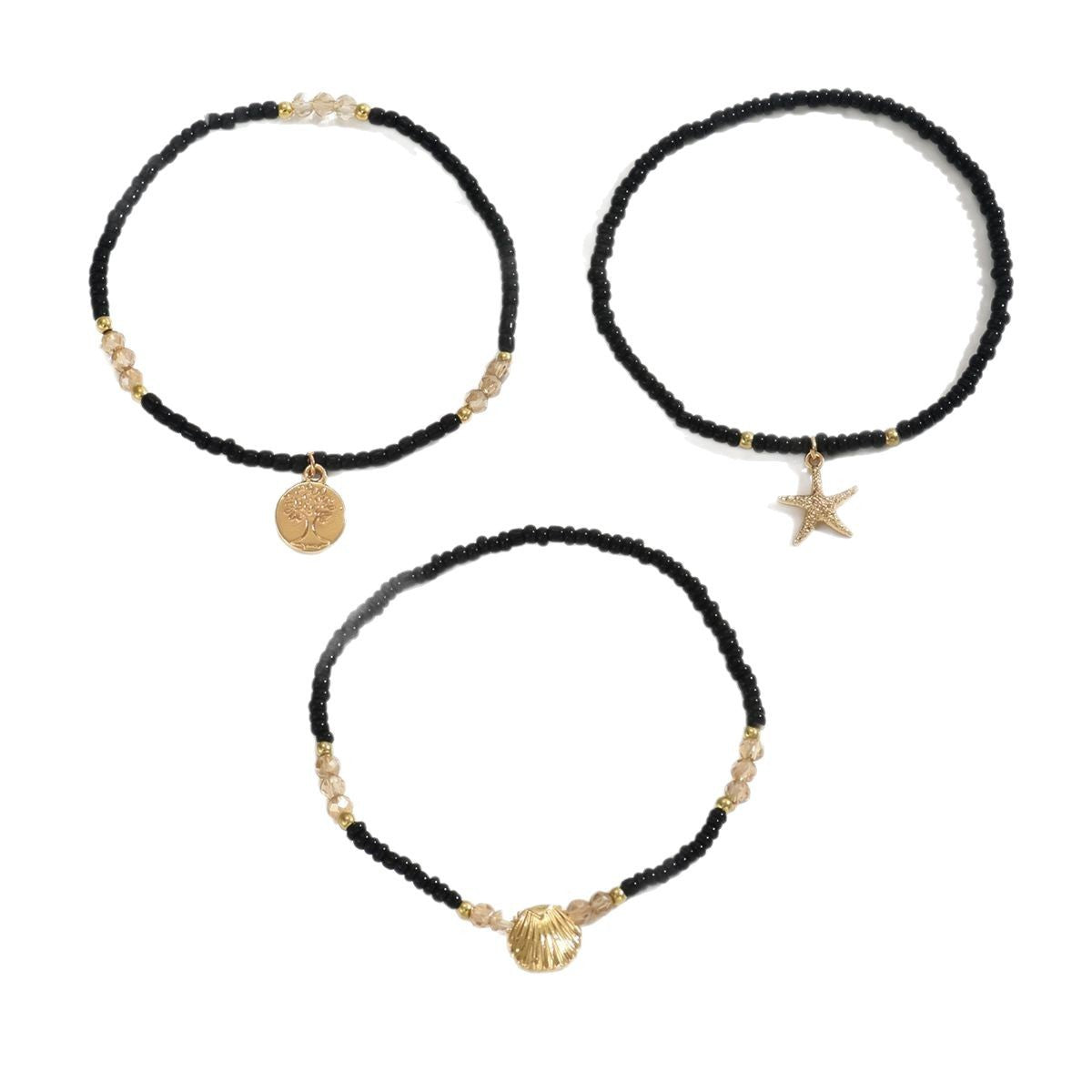 Bohemian Vacation Wind Alloy Starfish Scallop Peace Tree Pendant Colored Rice Bead Elastic Anklet Set