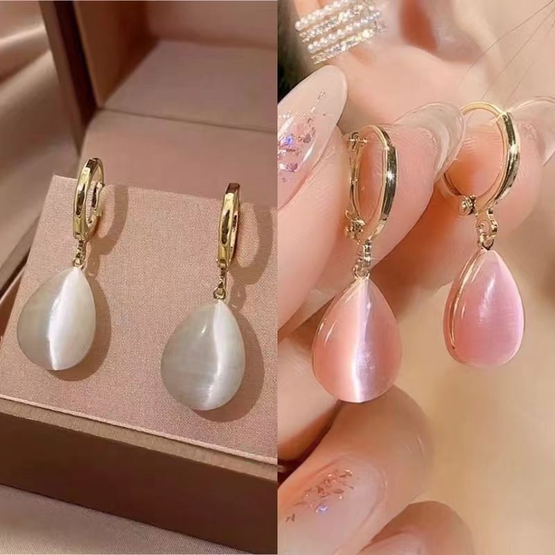 Green Water Drop Double-sided Opal Earrings Temperament Simple Ear Buckle Niche Design Light Luxury Earrings