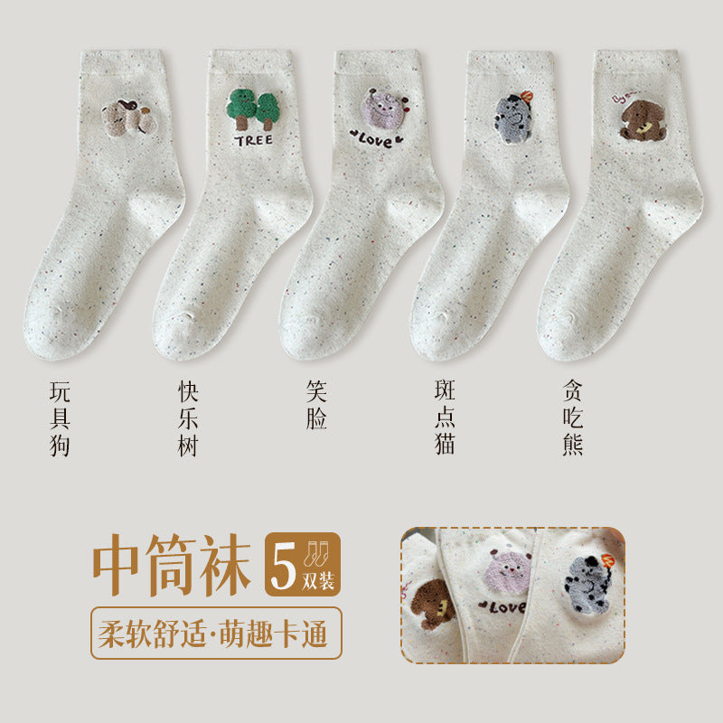 Socks Women's Idea Yarn Cute Cartoon Women's Medium Tube Socks Graffiti White Spring and Autumn Versatile Boneless Confinement Socks