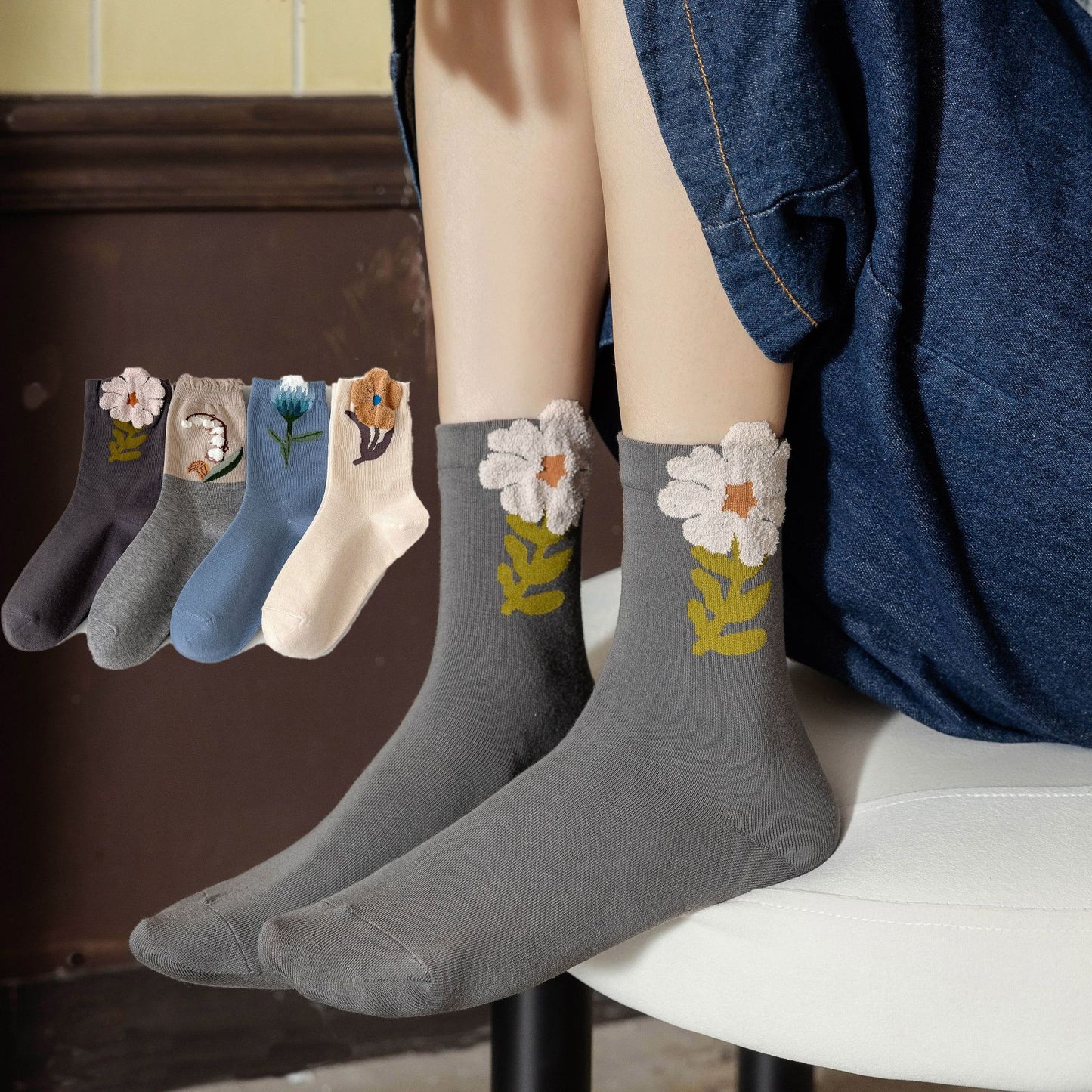 Socks Women's Pure Cotton Spring and Autumn Tube Three-dimensional Flower Cotton Socks Small Flower Japanese Trend Internet Celebrity Casual Women's Socks Wholesale