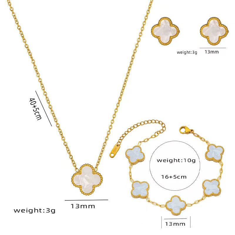 Four-leaf Clover Necklace 13MM Bracelet Stud Earrings Three-piece Set Versatile Lucky Four-leaf Clover Five-flower Bracelet Collarbone Chain Earrings