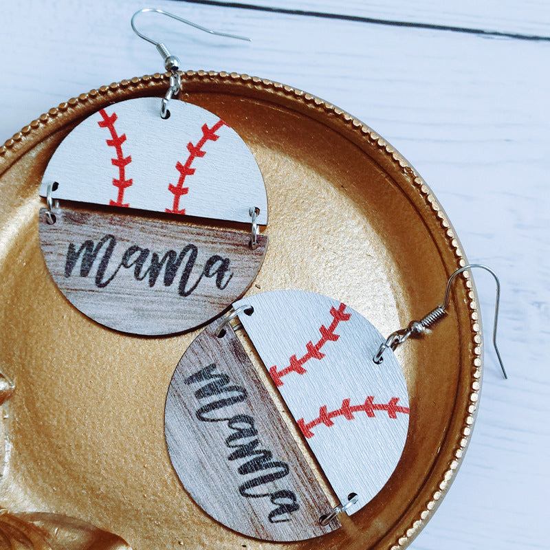 MOM Mother's Day Wooden Earrings Sports Softball Basketball Wooden Round Earrings Earrings Batch