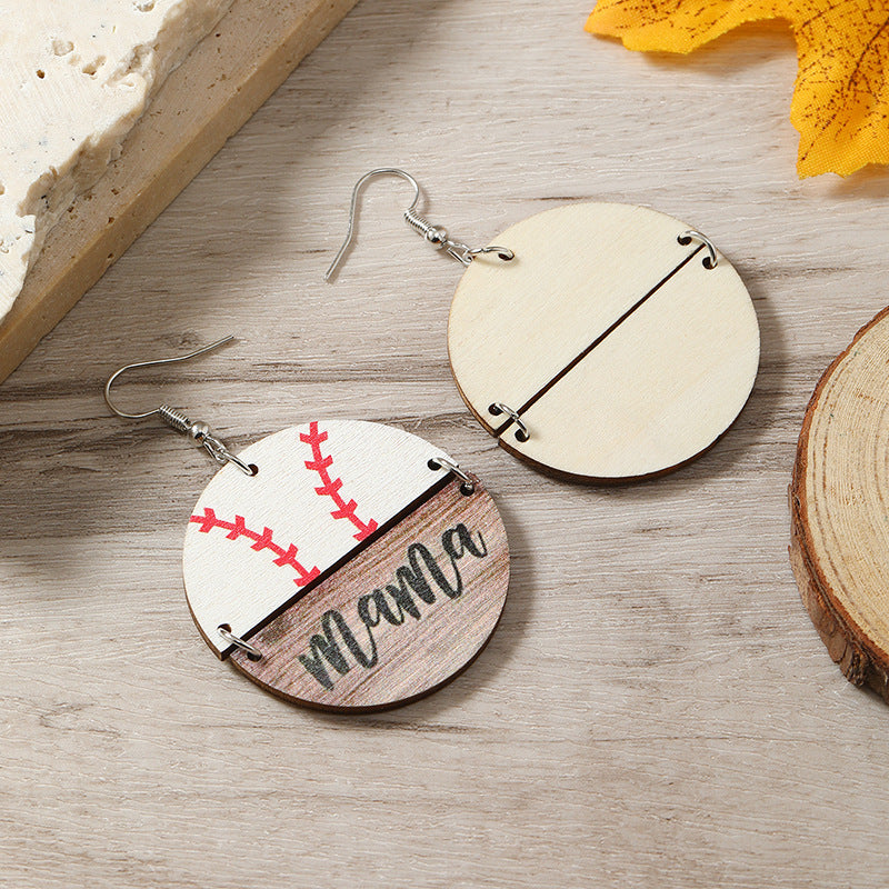 MOM Mother's Day Wooden Earrings Sports Softball Basketball Wooden Round Earrings Earrings Batch
