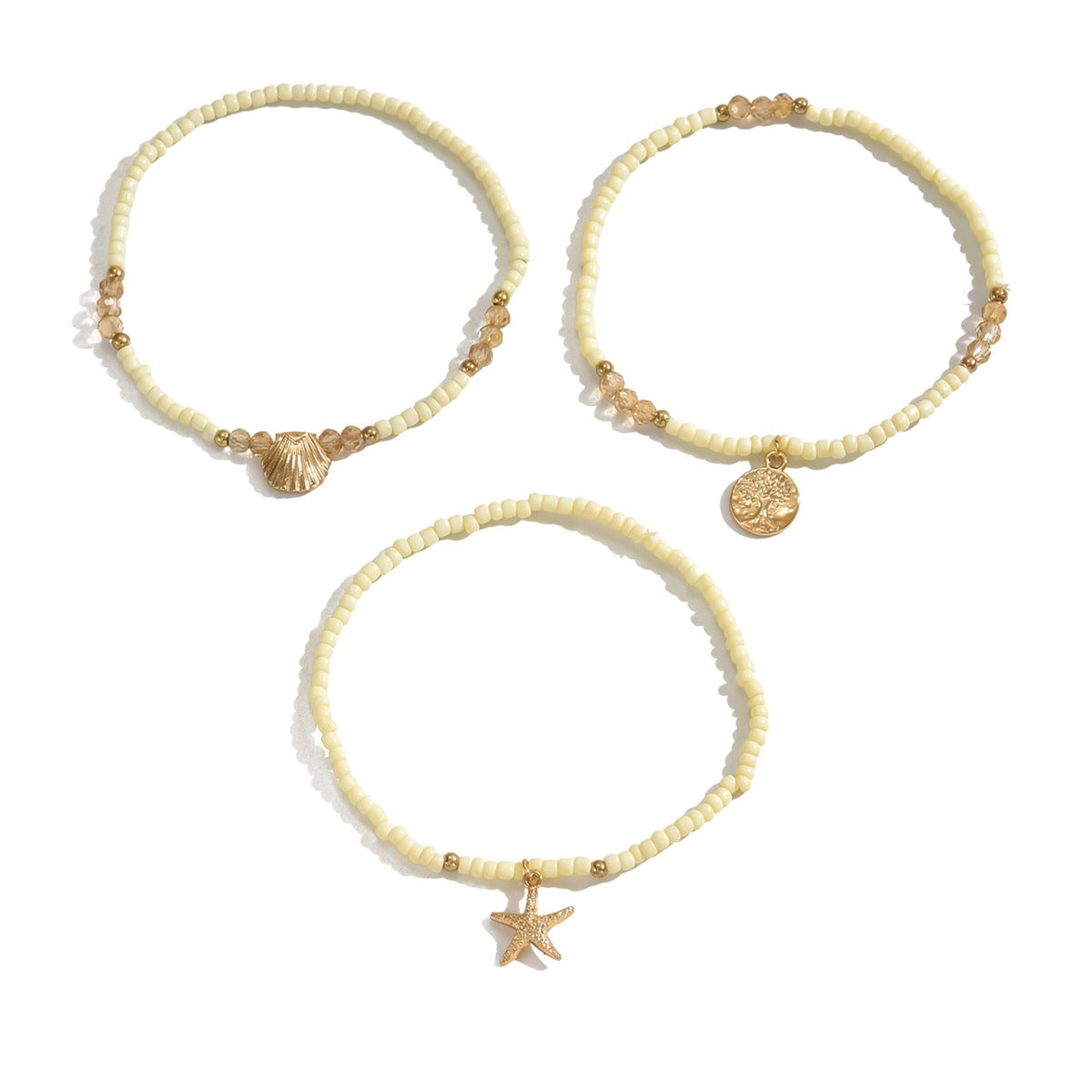 Bohemian Vacation Wind Alloy Starfish Scallop Peace Tree Pendant Colored Rice Bead Elastic Anklet Set