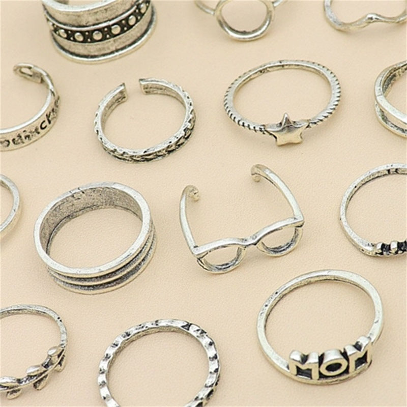 European and American Fashion Women's Personalized Glasses Star MOM Leaf Cross Silver 14-piece Set Joint Ring Set