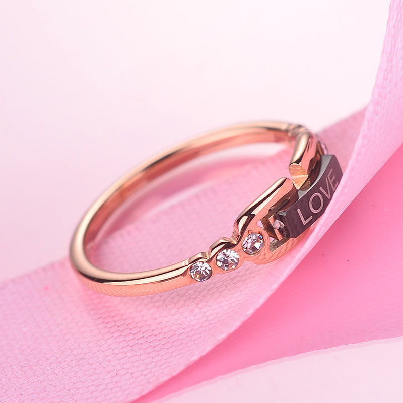 Love Black Shell Titanium Steel Ring Female Japanese and Korean Version Personalized Plated 18 Rose Gold Ring Does Not Fade Fashion Jewelry Wholesale