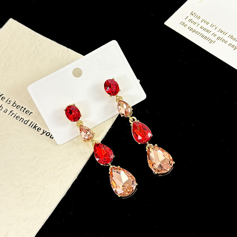 New Glass Diamond Inlaid Water Drop-shaped Long Earrings Women's European and American Color Series Earrings