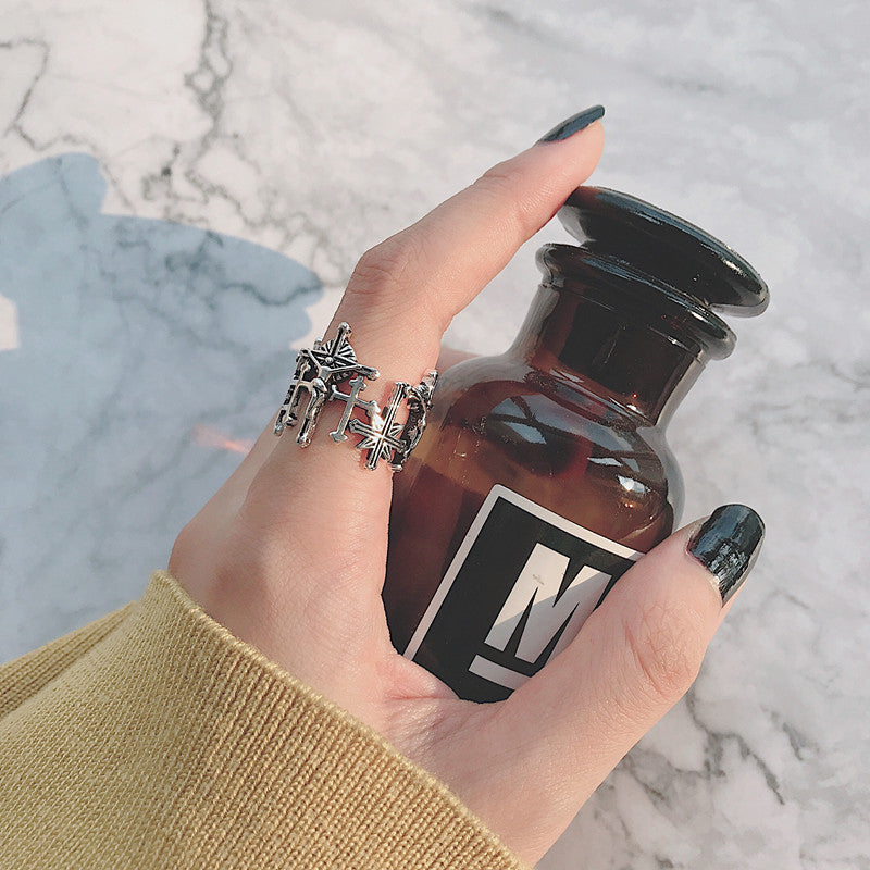 925 Sterling Silver Ring Retro Thai Silver Love English Letter Hollow Index Finger Ring Niche Design Cold Wind Light Luxury