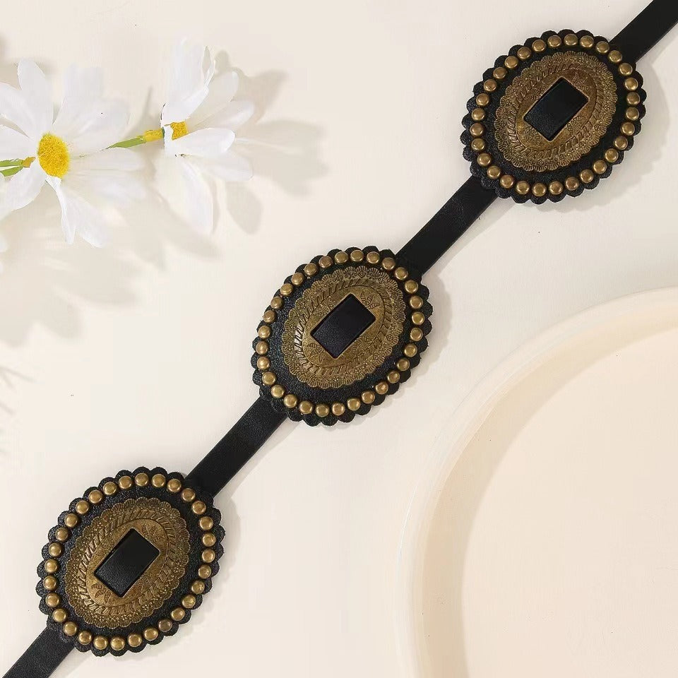 European and American Retro Street Fashion Hollow Ring PU Leather Splicing Characteristic Waist Belt Versatile Bead Women's Belt