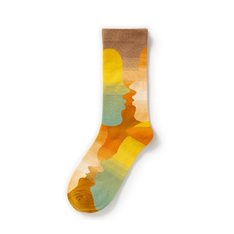Oil Painting Socks Women's French Retro Ins Tide Autumn and Winter Abstract Tall Tube Creative Combed Cotton Women's Medium Tube Socks
