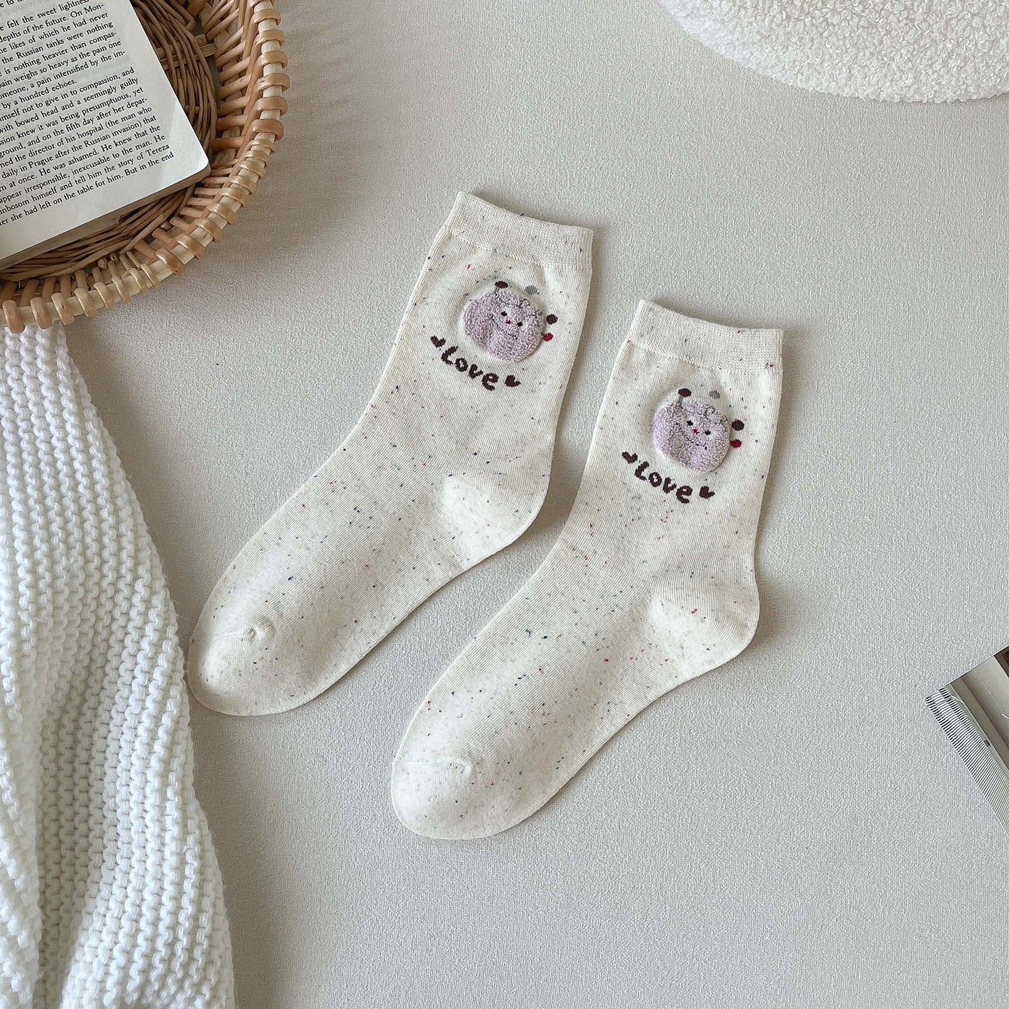 Socks Women's Idea Yarn Cute Cartoon Women's Medium Tube Socks Graffiti White Spring and Autumn Versatile Boneless Confinement Socks