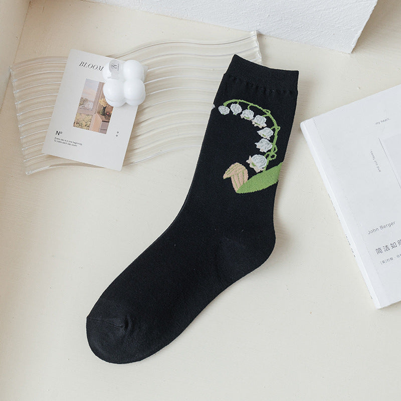 Socks Women's Pure Cotton Spring and Autumn Tube Three-dimensional Flower Cotton Socks Small Flower Japanese Trend Internet Celebrity Casual Women's Socks Wholesale