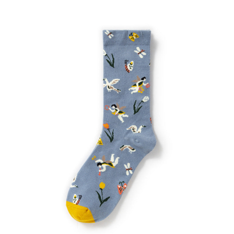 Oil Painting Socks Women's French Retro Ins Tide Autumn and Winter Abstract Tall Tube Creative Combed Cotton Women's Medium Tube Socks