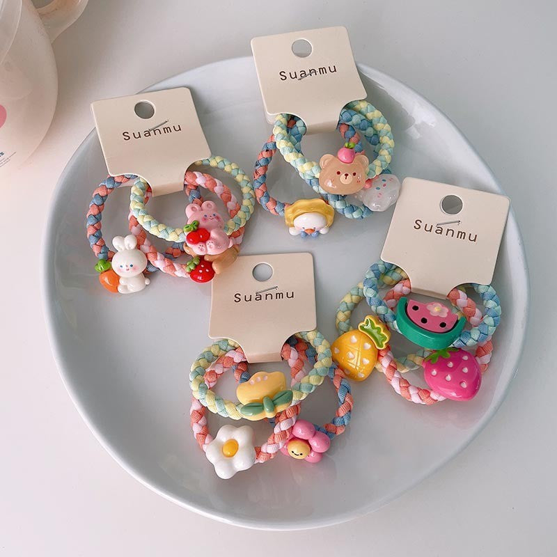 Spring New Children's Colorful Braided Headband Little Girl Ponytail Does Not Hurt Hair Cute Cartoon Flower Rubber Band