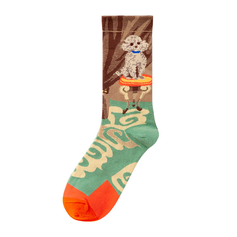 Oil Painting Socks Women's French Retro Ins Tide Autumn and Winter Abstract Tall Tube Creative Combed Cotton Women's Medium Tube Socks
