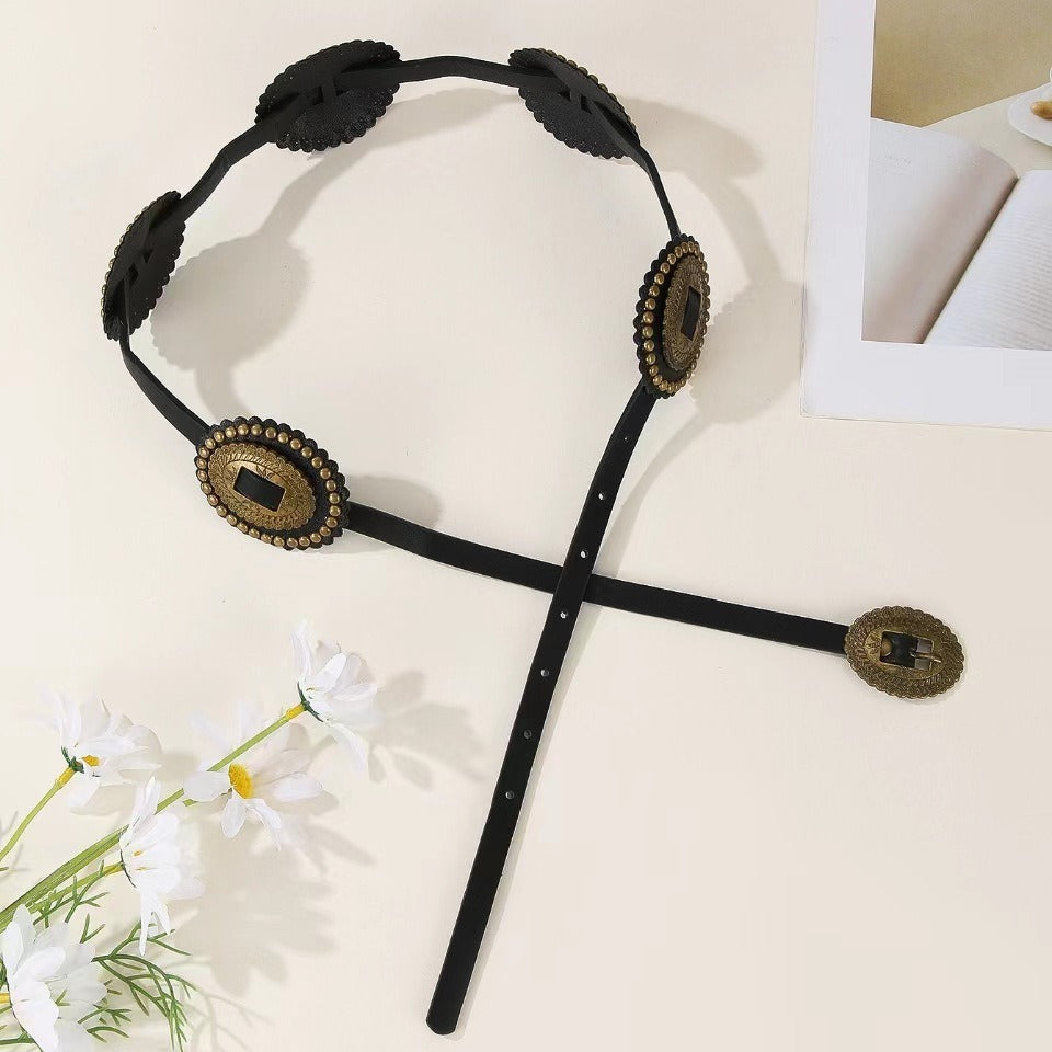 European and American Retro Street Fashion Hollow Ring PU Leather Splicing Characteristic Waist Belt Versatile Bead Women's Belt