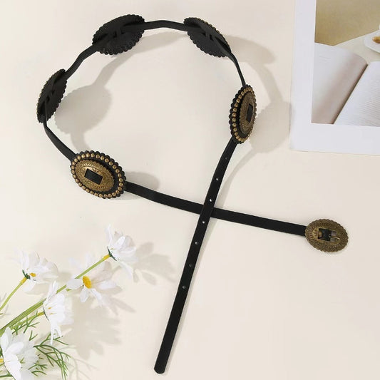European and American Retro Street Fashion Hollow Ring PU Leather Splicing Characteristic Waist Belt Versatile Bead Women's Belt
