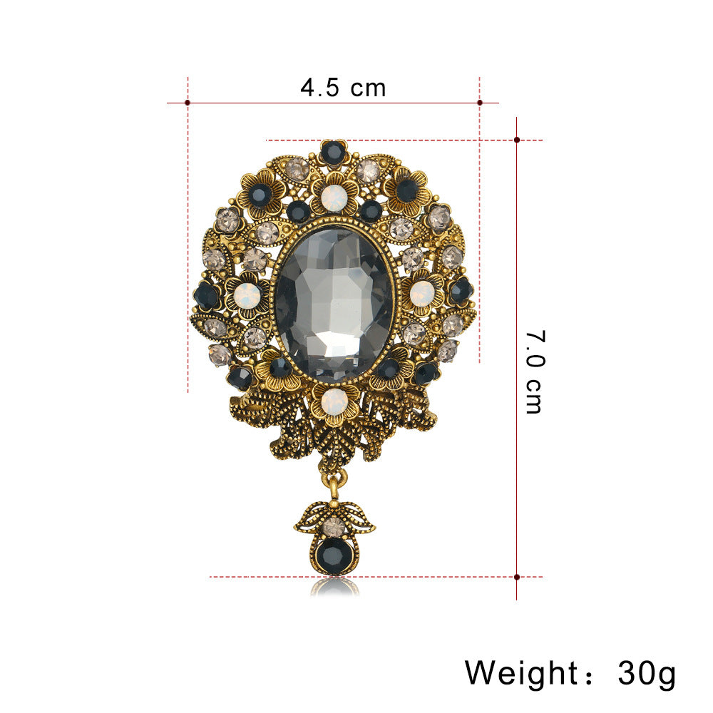 Rhinestone Alloy Brooch for Women, European and American Glass Pendant Corsage Retro Fashion Pin Accessories