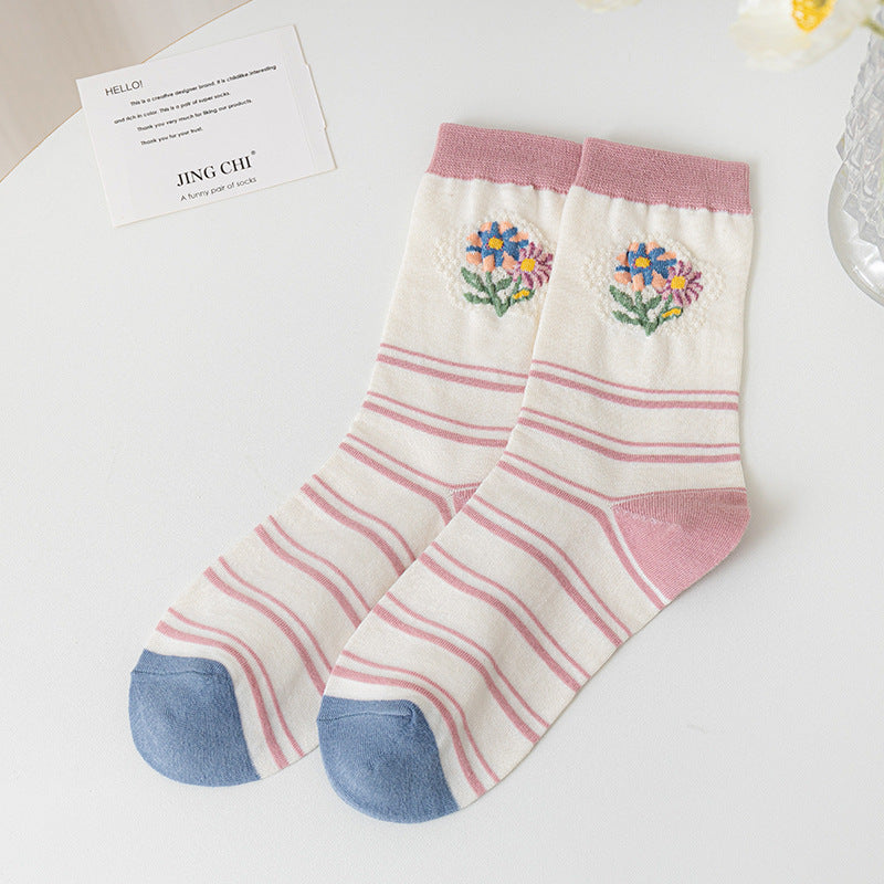 Socks Women's Pure Cotton Spring and Autumn Tube Three-dimensional Flower Cotton Socks Small Flower Japanese Trend Internet Celebrity Casual Women's Socks Wholesale
