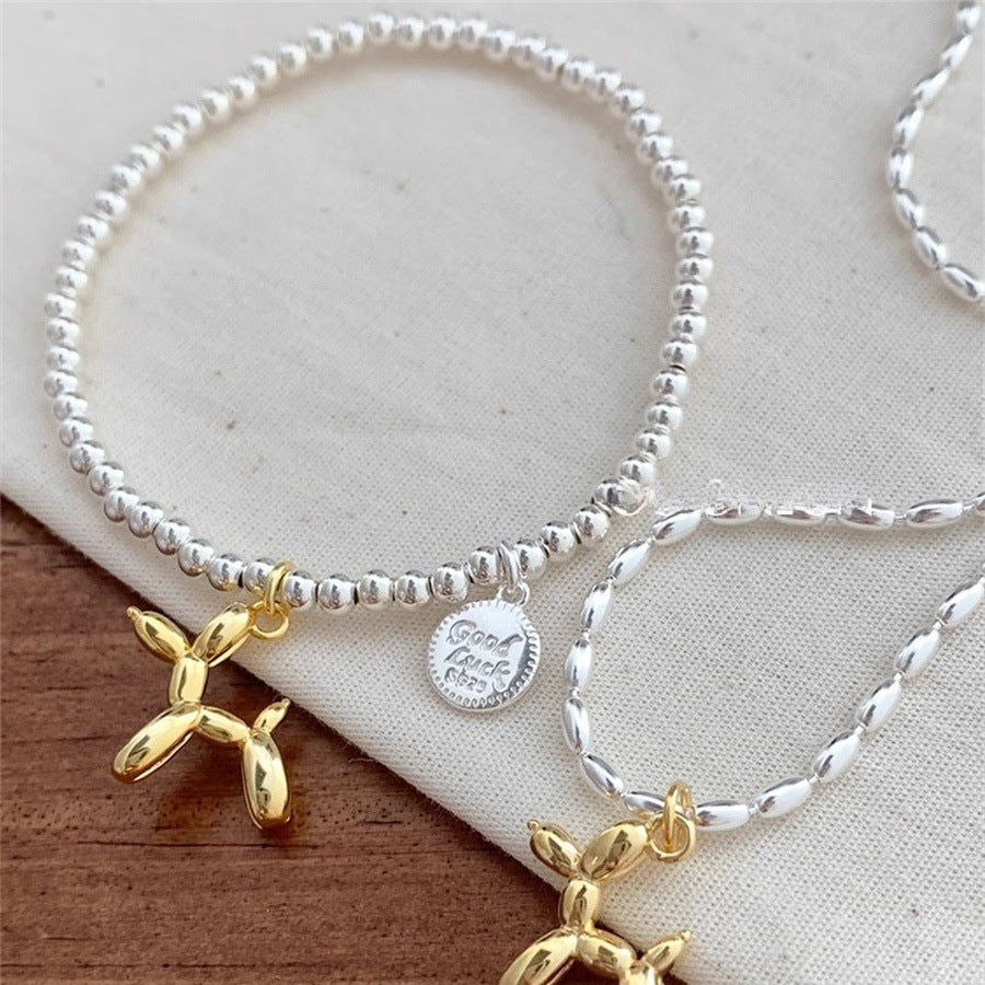 Korean Version of Cute Balloon Dog S925 Sterling Silver Bracelet Women's Gold and Silver Contrasting Color Lucky Round Brand Elastic Bracelet Bracelet Bracelet Jewelry