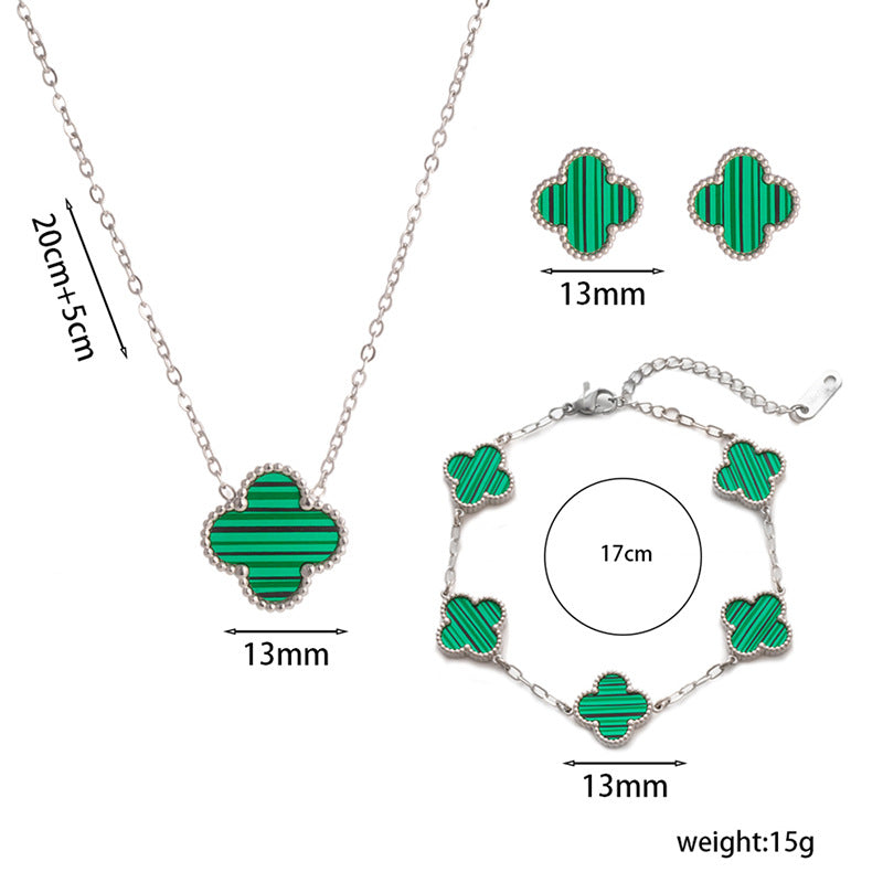 Four-leaf Clover Necklace 13MM Bracelet Stud Earrings Three-piece Set Versatile Lucky Four-leaf Clover Five-flower Bracelet Collarbone Chain Earrings