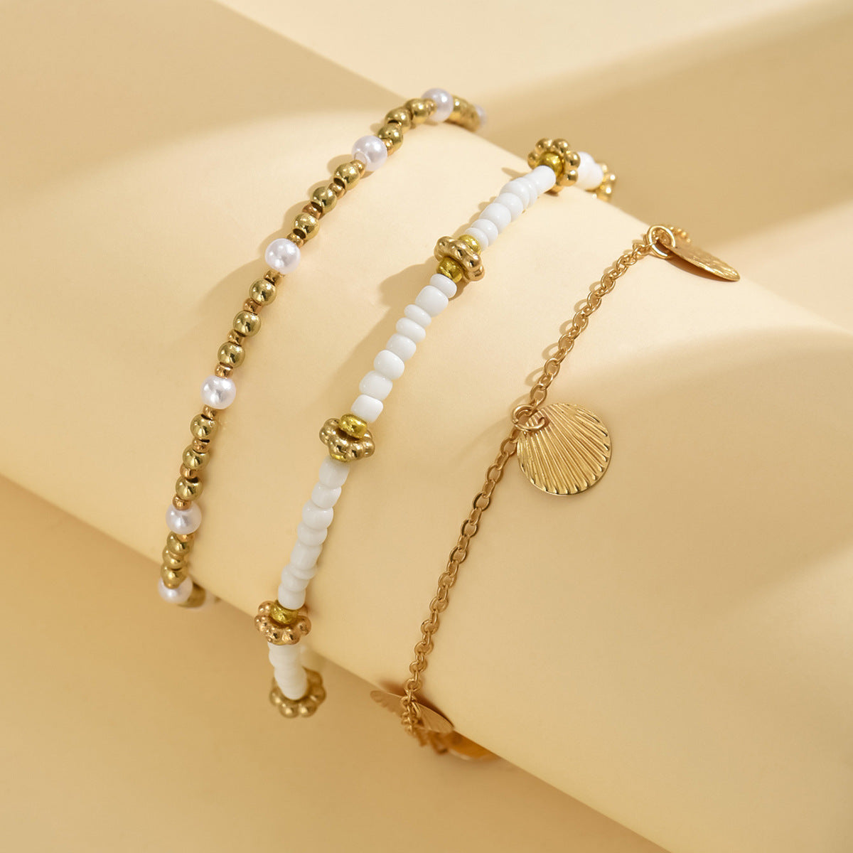 Hot-selling Jewelry Bohemian Alloy Shell Pendant Rice Bead Anklet Multi-layer Beach Foot Decoration Set